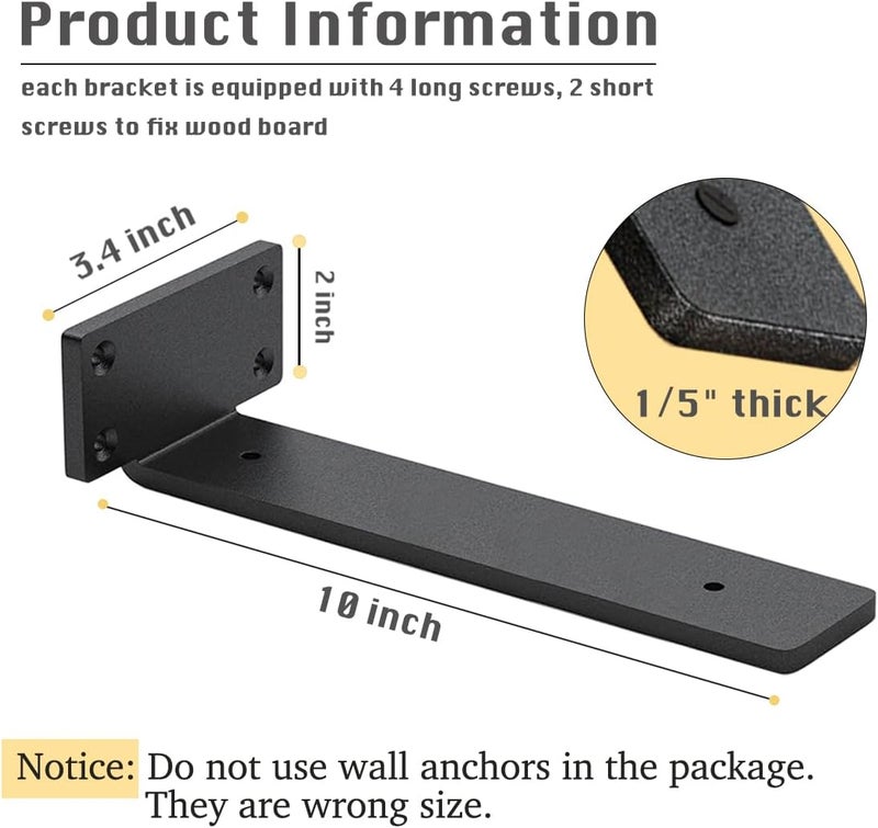 WINKER 4 Pack Shelf Brackets 10 Inch Floating Shelf Bracket 1/5 inch Thick Heavy Duty Hidden Shelf Brackets Iron Metal Brackets for Shelf Support with Screw Included - Image 2